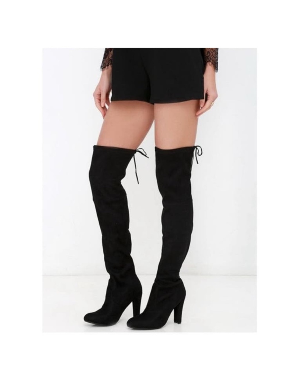 Steve Madden Black “Gorgeous” Over-the-Knee Suede Tie-Back Heel Boots
